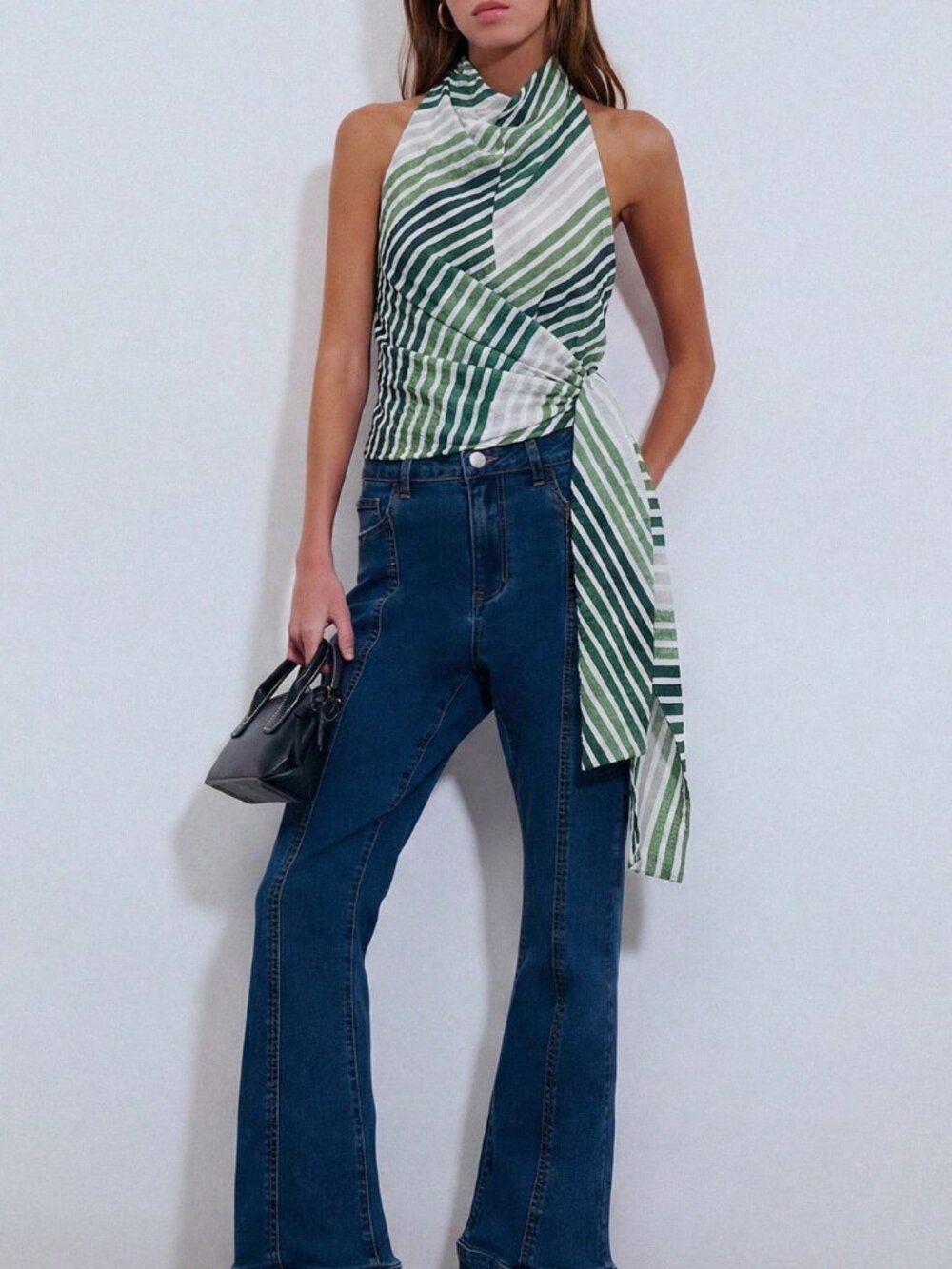 Green Casual Women's Diagonal Stripe Halter Cowl Neck Tank - Picture 1 of 6